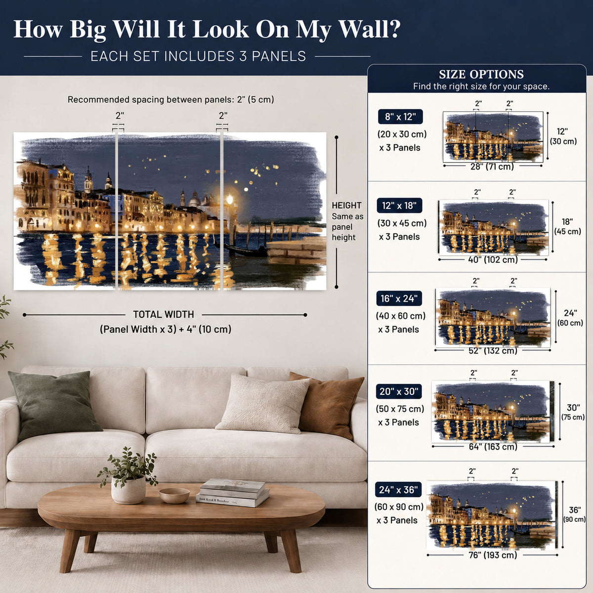 Venice night painting set of 3 poster prints size guide above a sofa