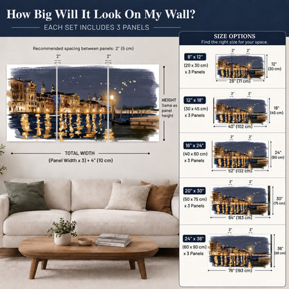 Venice night painting set of 3 poster prints size guide above a sofa