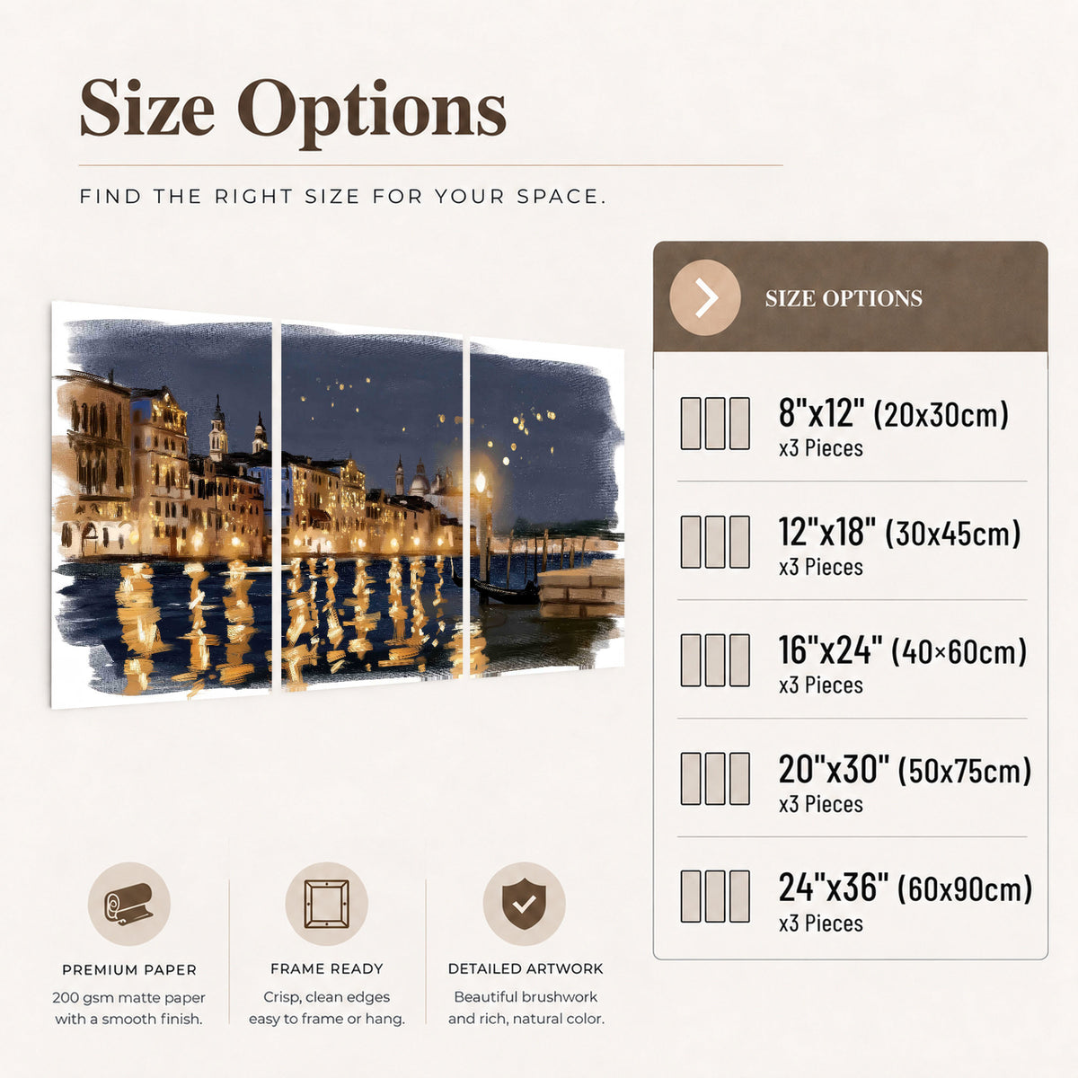 Venice night painting set of 3 poster prints size options