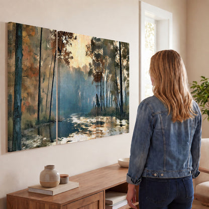 Misty autumn forest painting 3 piece canvas wall art in a living room