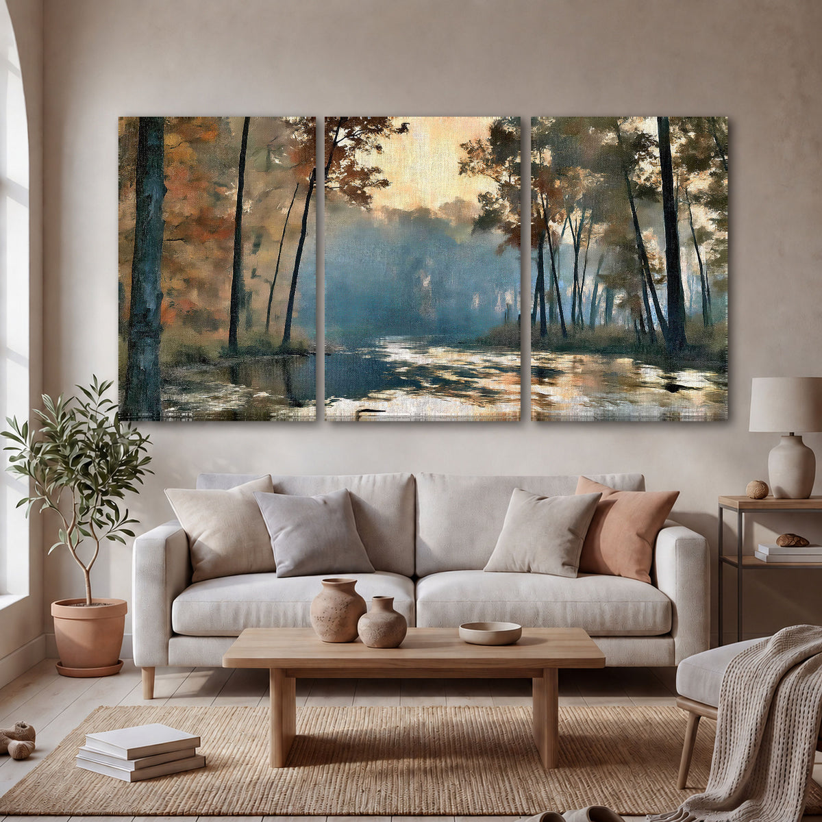 Misty autumn forest painting 3 piece canvas wall art in a bright living room