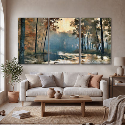 Misty autumn forest painting 3 piece canvas wall art in a bright living room