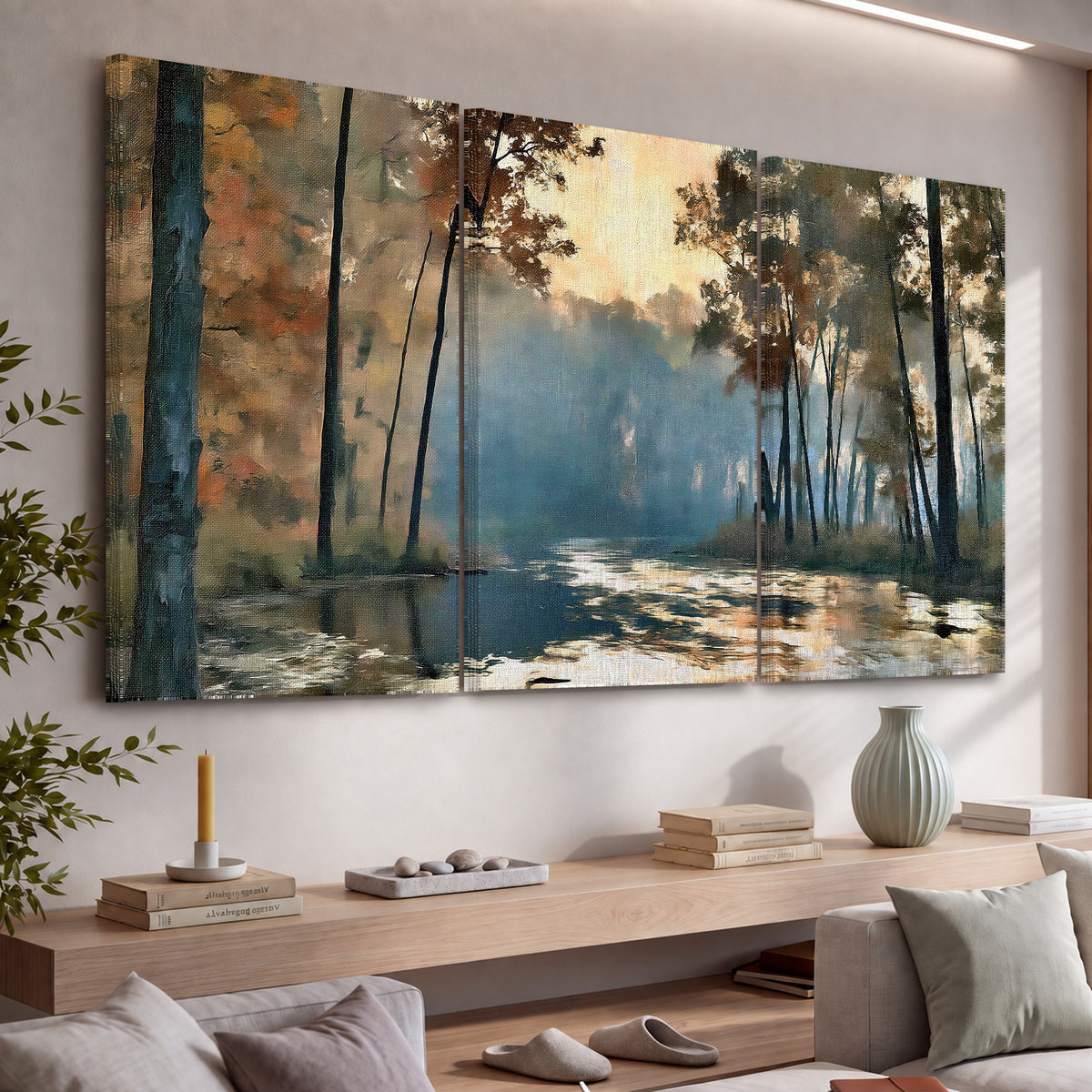 Misty autumn forest painting 3 piece canvas wall art in a living room above a console