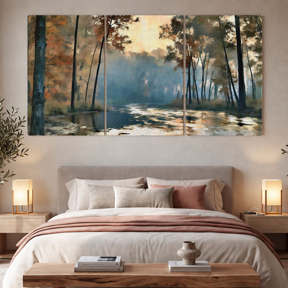 Misty autumn forest painting 3 piece canvas wall art in a bedroom above the bed
