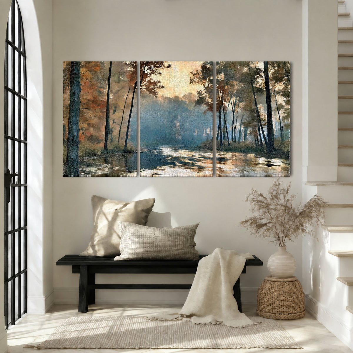 Misty autumn forest painting 3 piece canvas wall art in an entryway above a bench