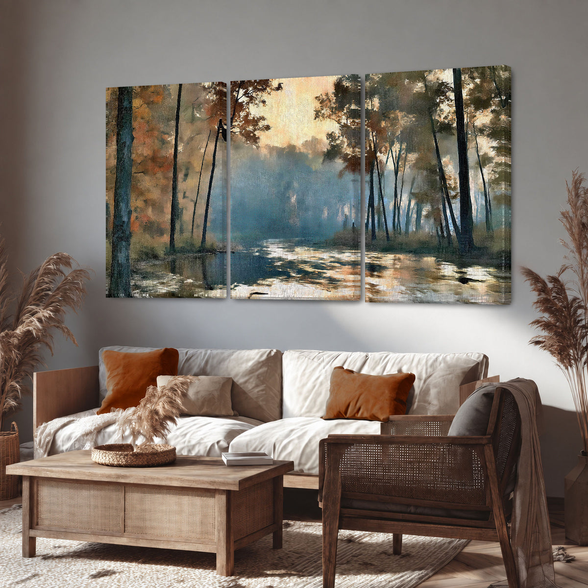 Misty autumn forest painting 3 piece canvas wall art in a rustic living room