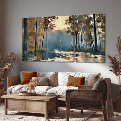 Misty autumn forest painting 3 piece canvas wall art in a rustic living room