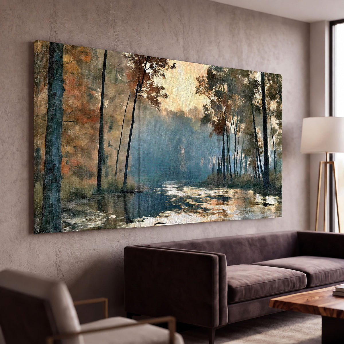 Misty autumn forest painting 3 piece canvas wall art in a modern living room