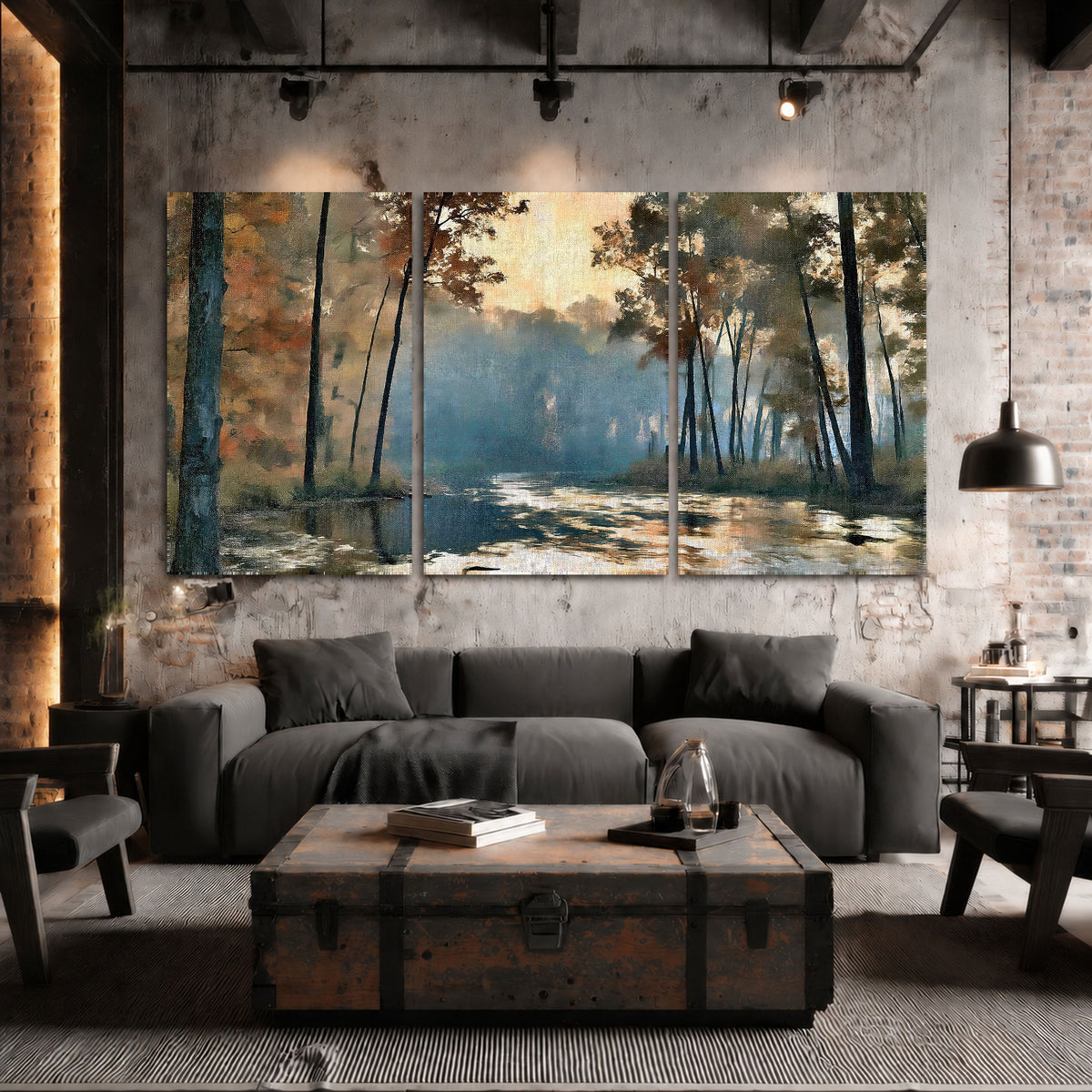 Misty autumn forest painting 3 piece canvas wall art in an industrial loft