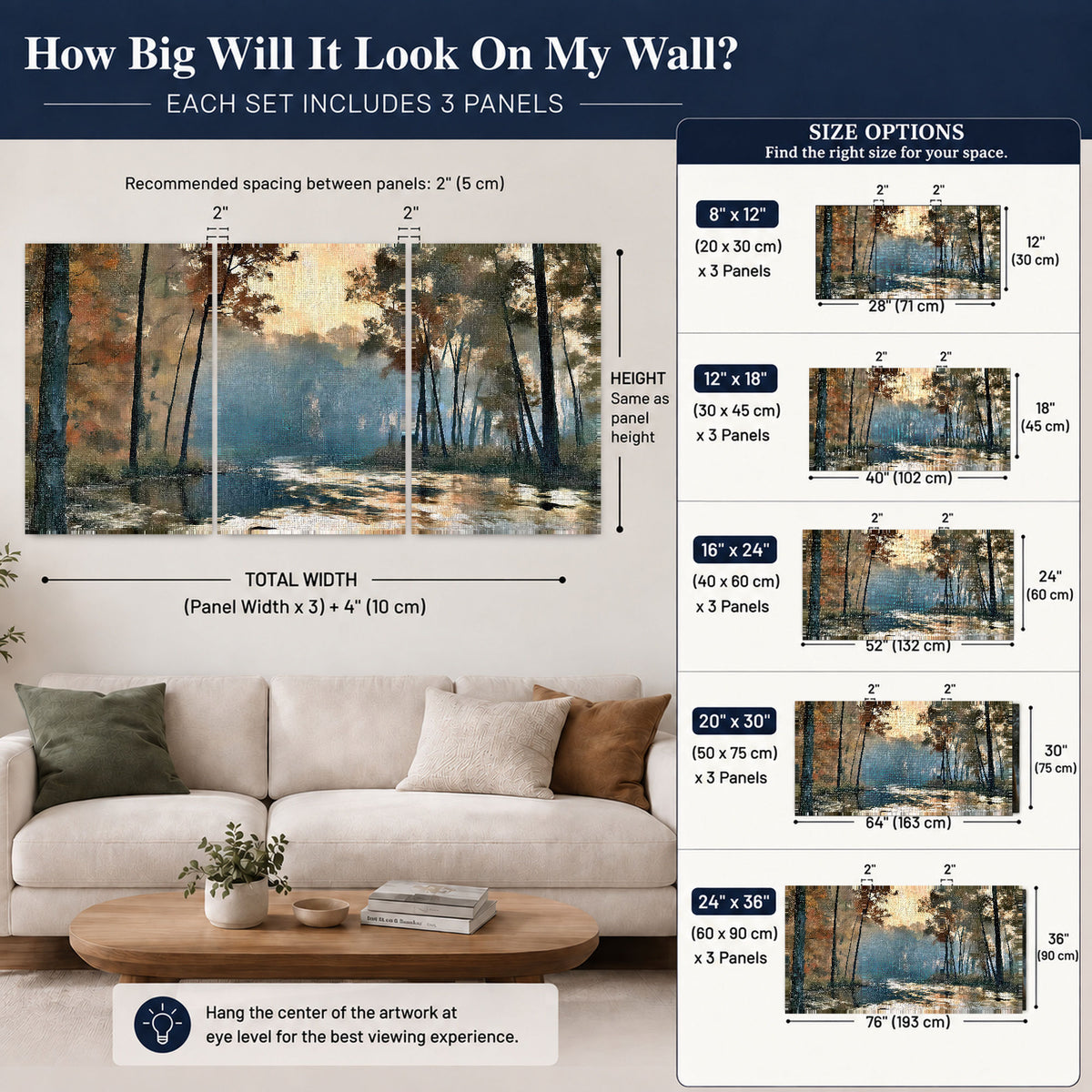 Misty autumn forest painting 3 piece canvas wall art size guide above a sofa