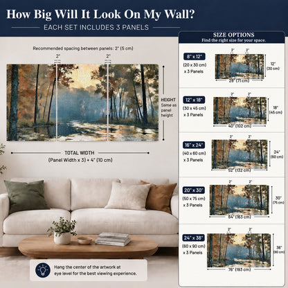 Misty autumn forest painting 3 piece canvas wall art size guide above a sofa