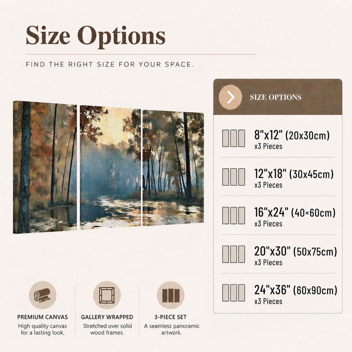 Misty autumn forest painting 3 piece canvas wall art size options