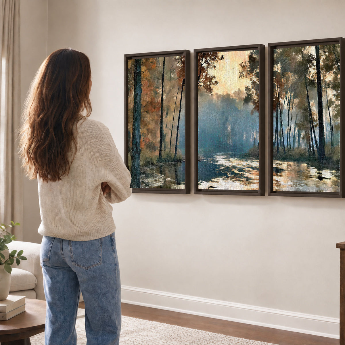 Misty autumn forest painting 3 piece framed canvas in a living room