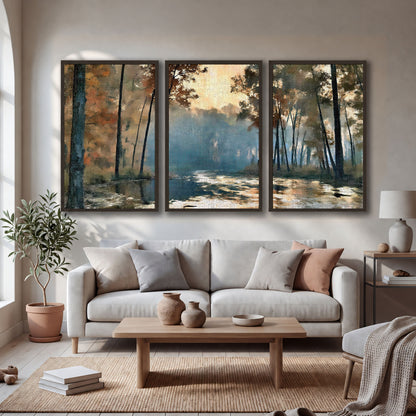 Misty autumn forest painting 3 piece framed canvas in a bright living room