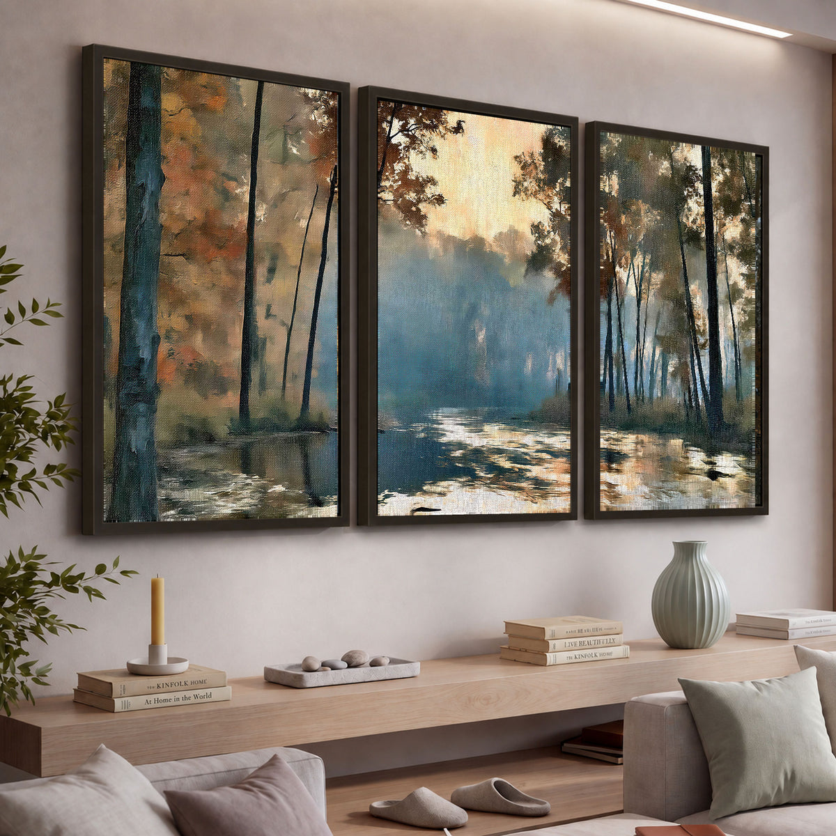 Misty autumn forest painting 3 piece framed canvas in a living room above a console