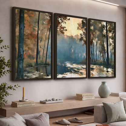 Misty autumn forest painting 3 piece framed canvas in a living room above a console
