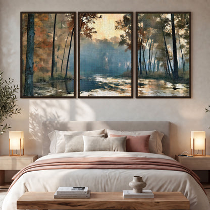 Misty autumn forest painting 3 piece framed canvas in a bedroom above the bed
