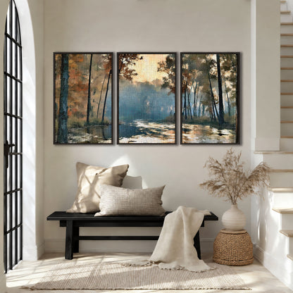 Misty autumn forest painting 3 piece framed canvas in an entryway above a bench