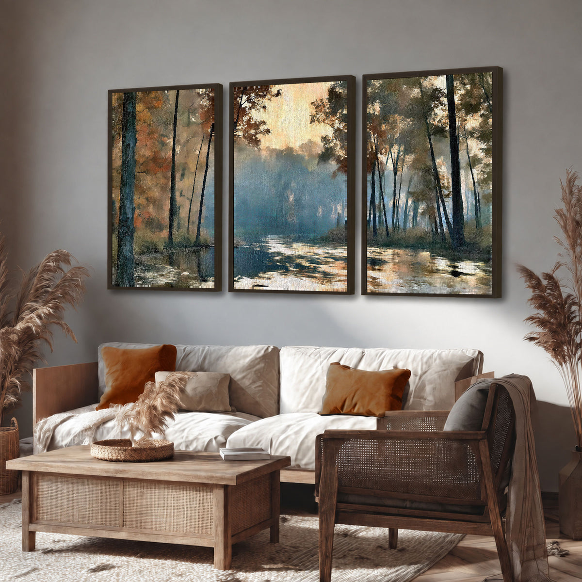 Misty autumn forest painting 3 piece framed canvas in a rustic living room