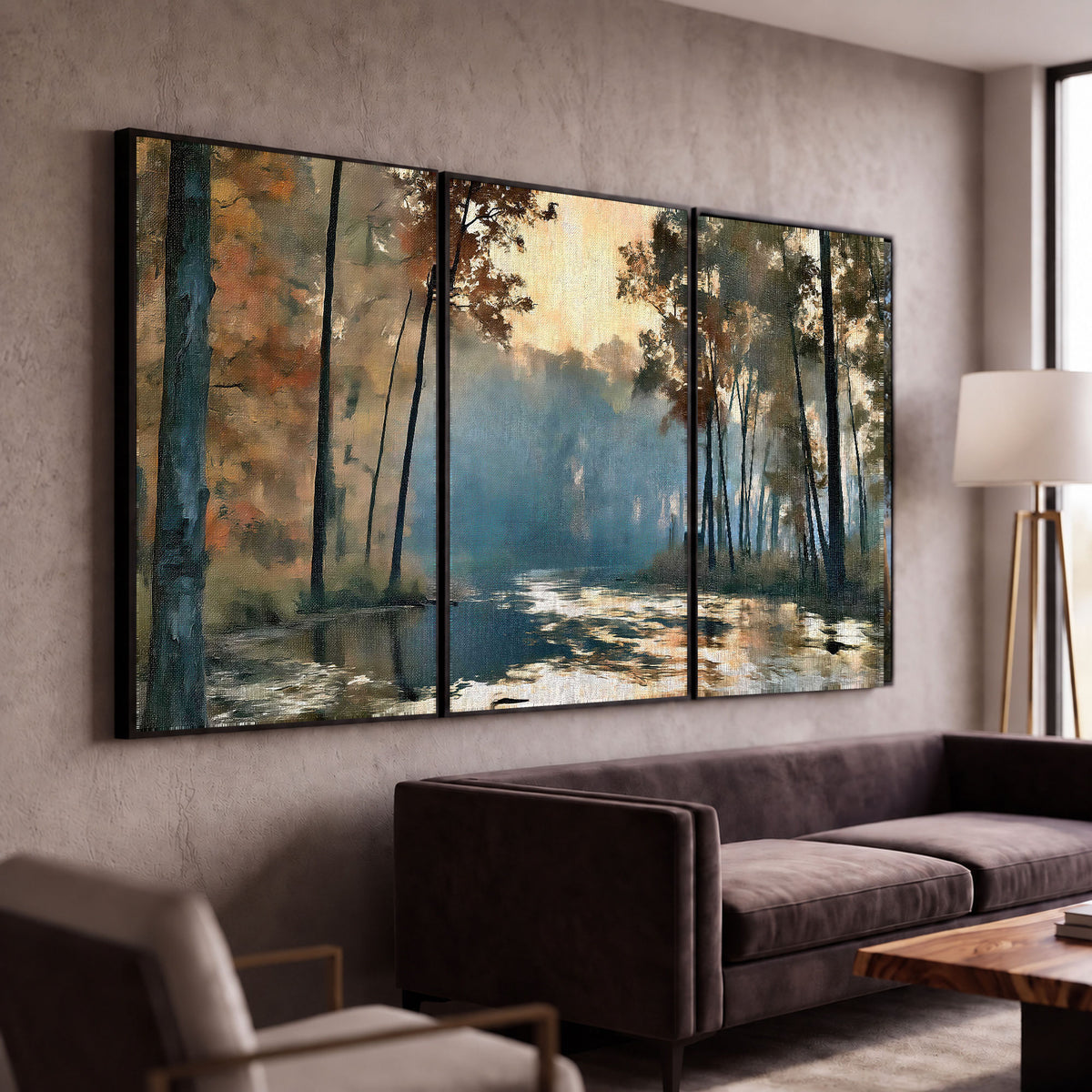 Misty autumn forest painting 3 piece framed canvas in a modern living room