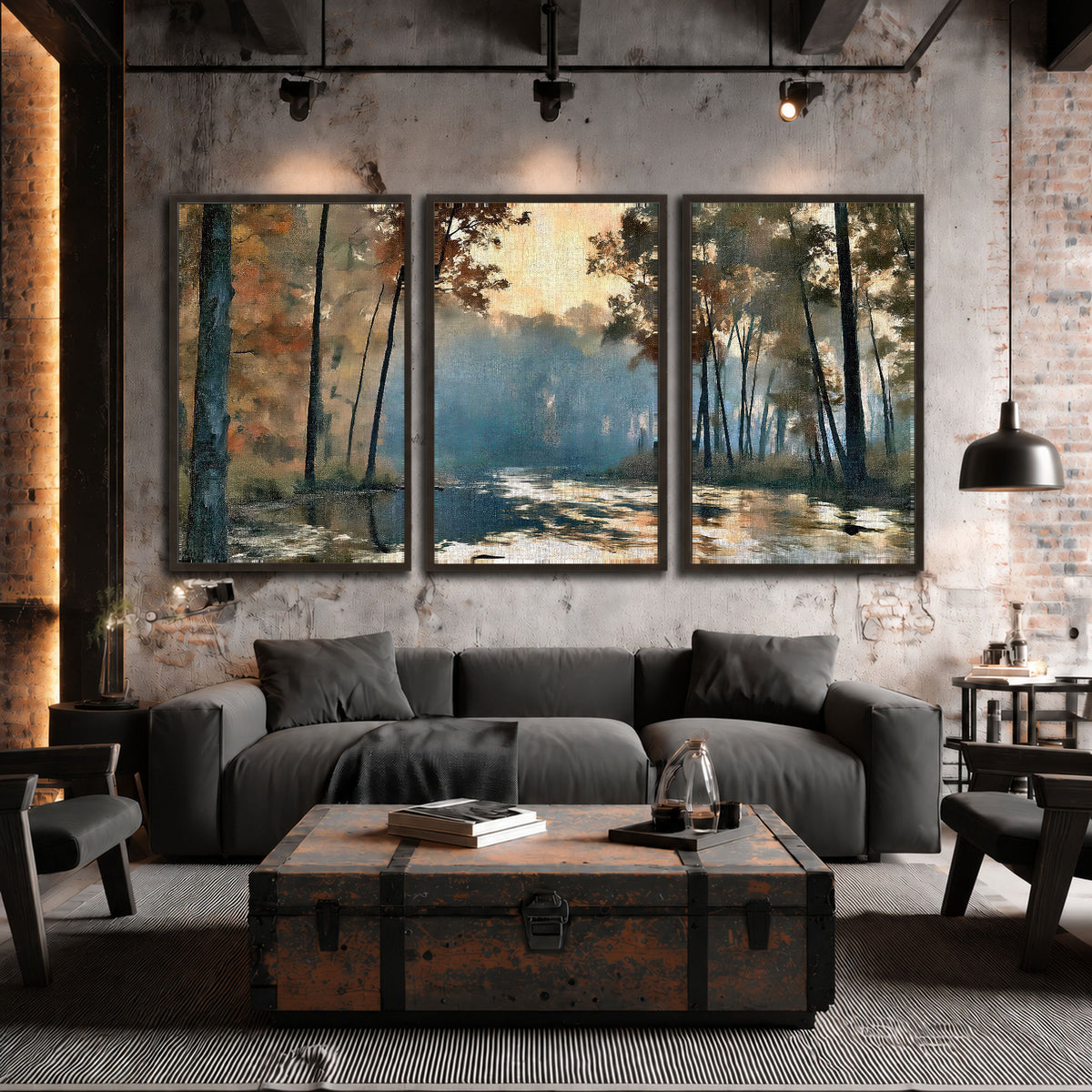 Misty autumn forest painting 3 piece framed canvas in an industrial loft