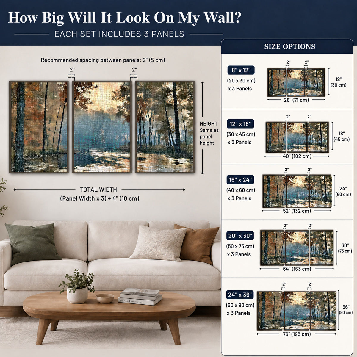 Misty autumn forest painting 3 piece framed canvas size guide above a sofa