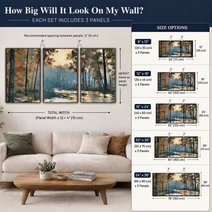 Misty autumn forest painting 3 piece framed canvas size guide above a sofa