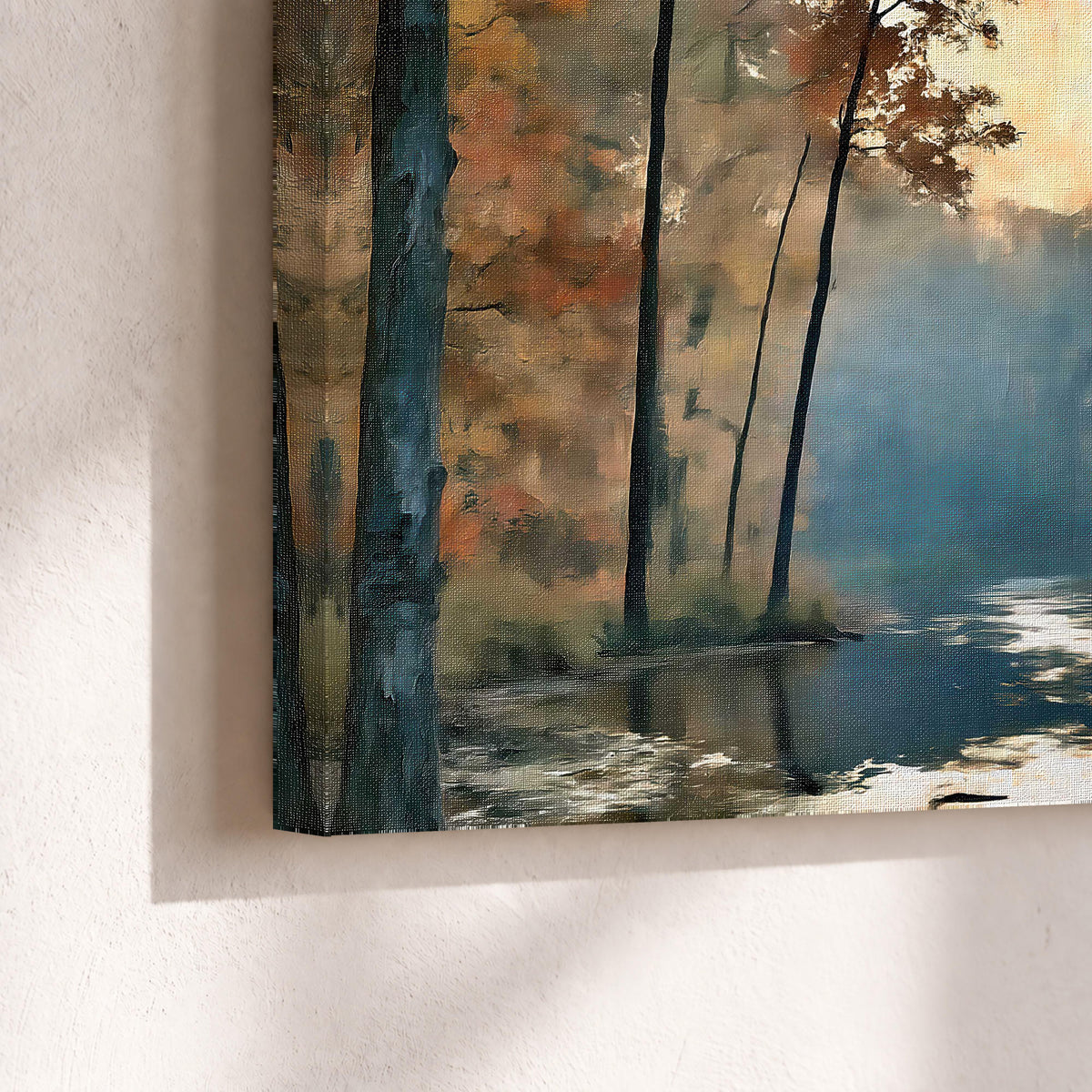 Misty autumn forest painting canvas print close-up showing the gallery-wrapped edge