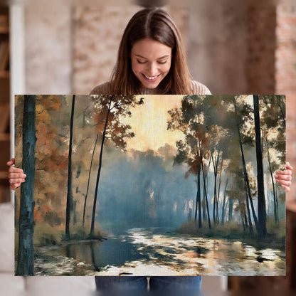 Misty autumn forest painting stretched canvas wall art held in hands