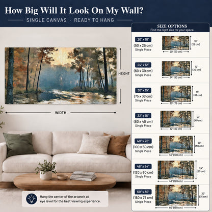 Misty autumn forest painting canvas wall art size guide above a sofa