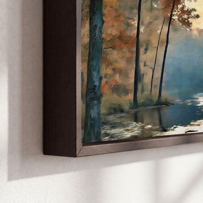 Misty autumn forest painting framed canvas close-up showing the floating frame