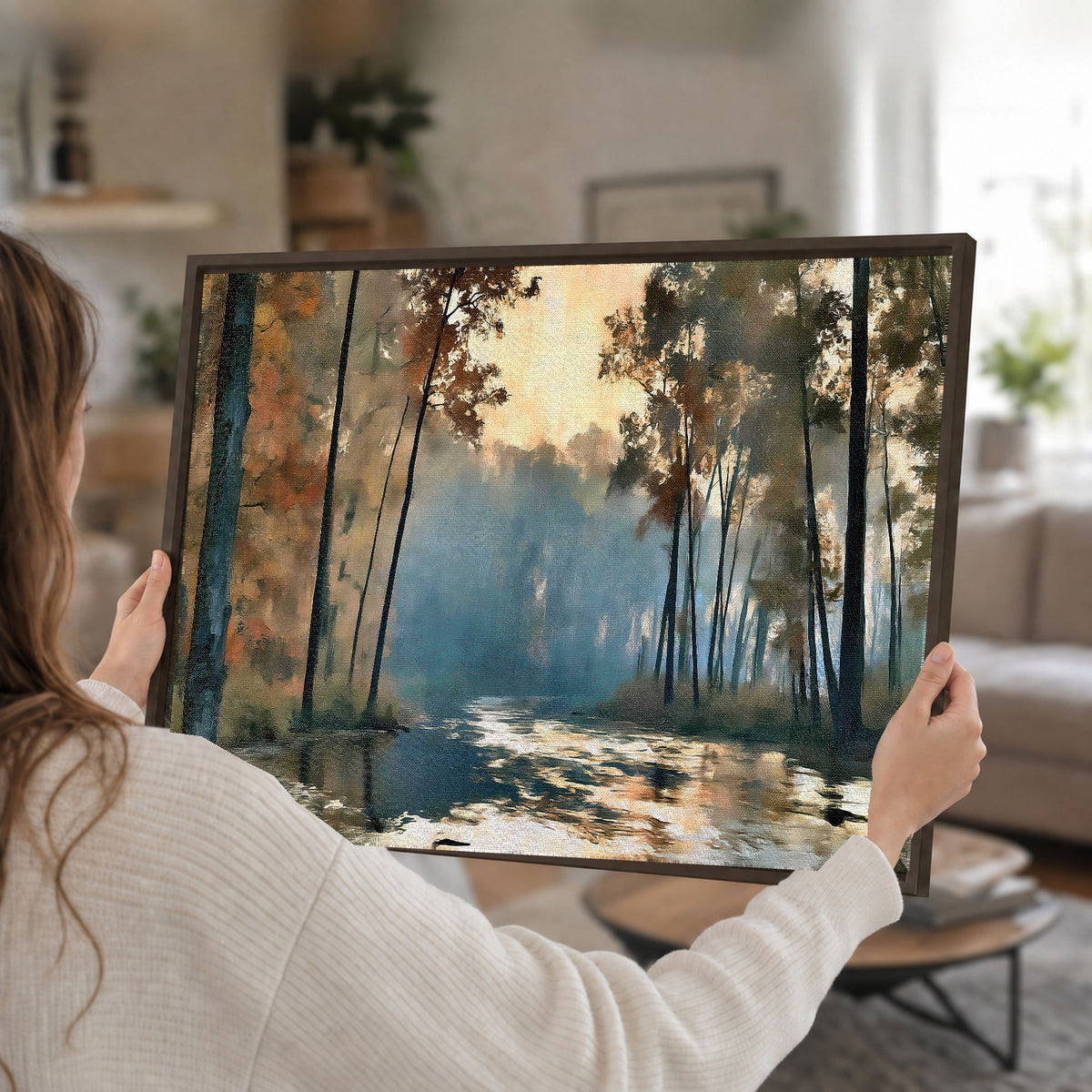 Misty autumn forest painting framed canvas wall art held in hands