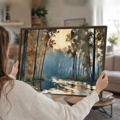 Misty autumn forest painting framed canvas wall art held in hands
