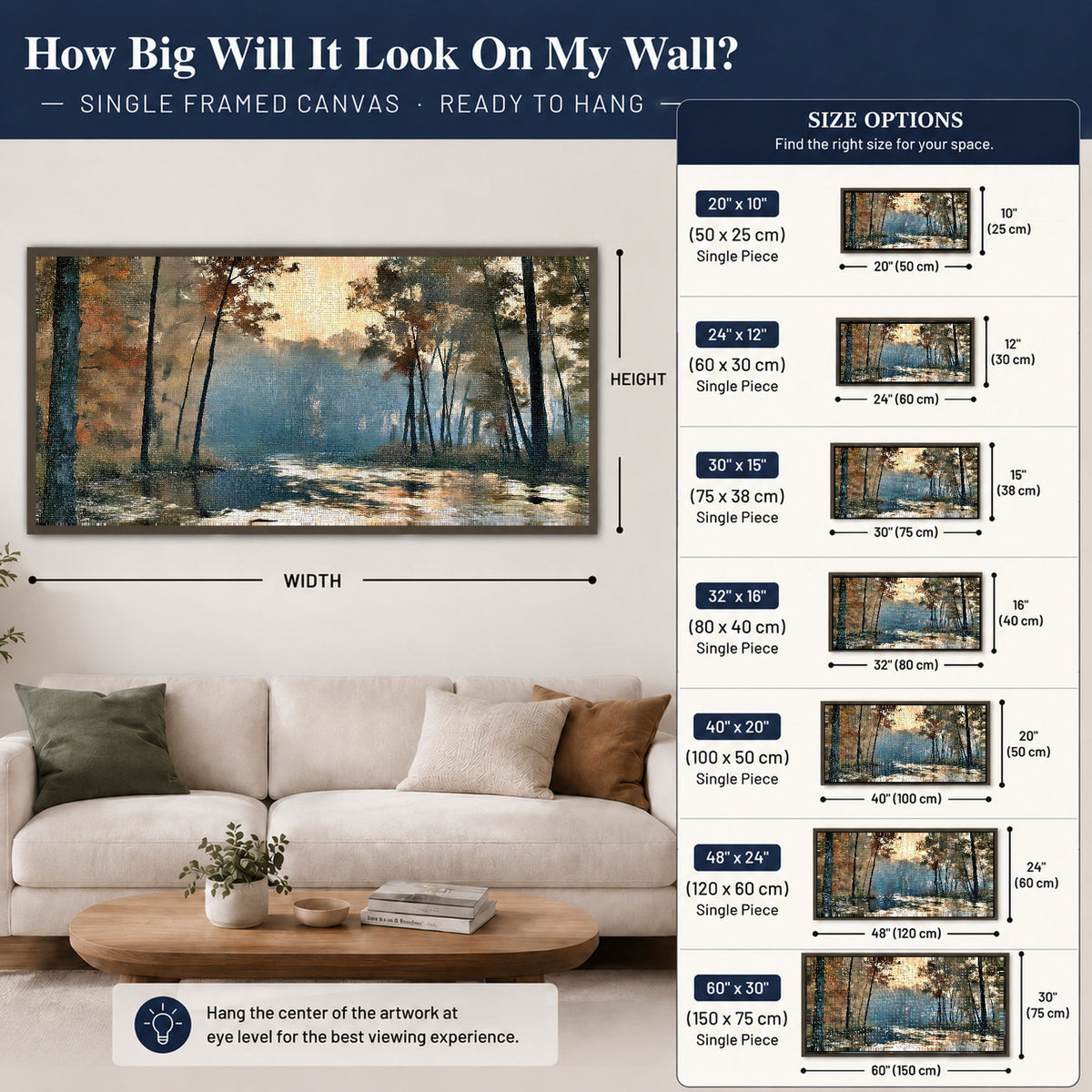 Misty autumn forest painting framed canvas wall art size guide above a sofa