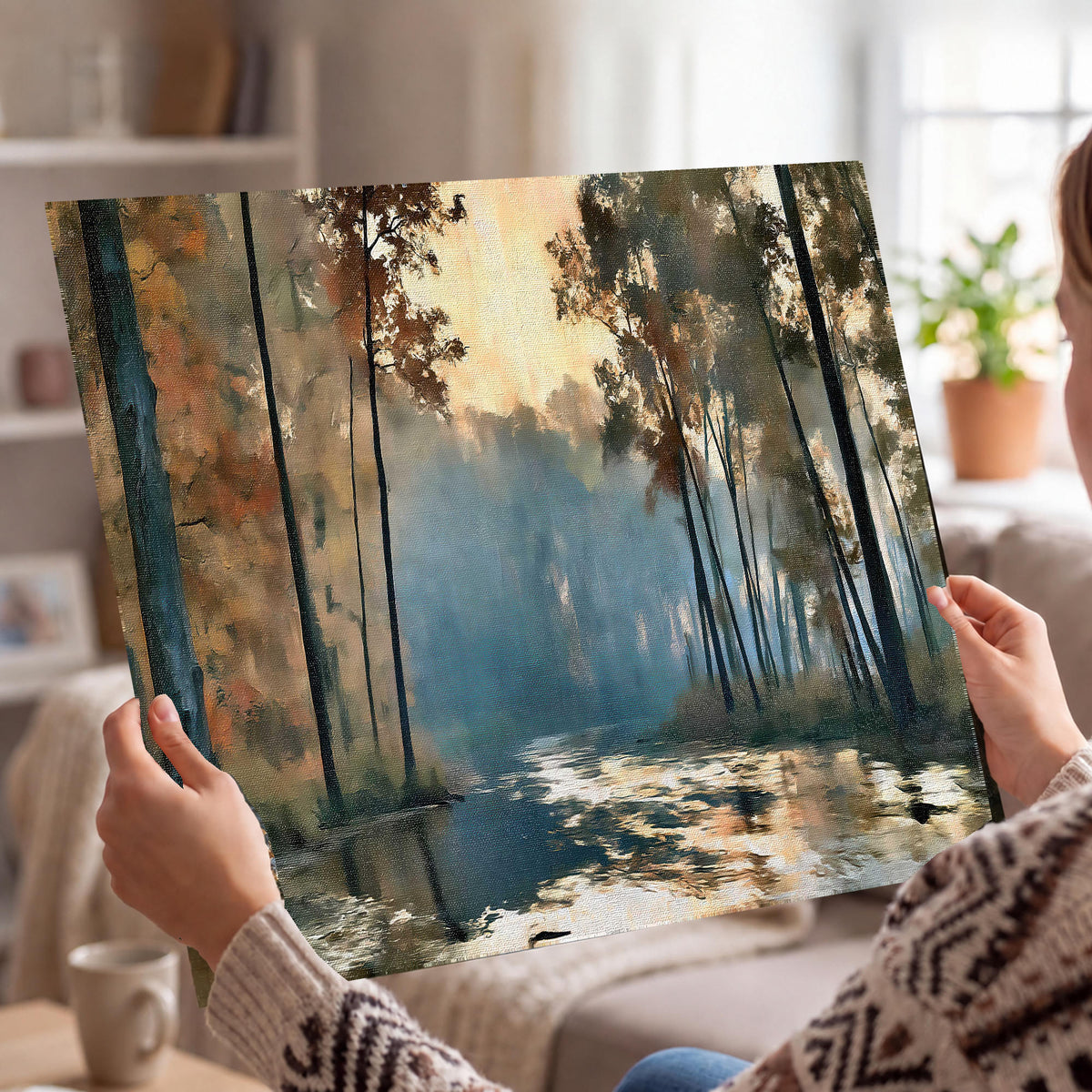 Misty autumn forest painting poster print held in hands