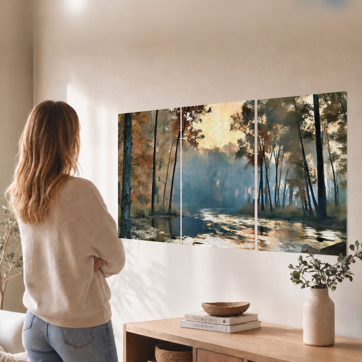 Misty autumn forest painting set of 3 poster prints in a living room