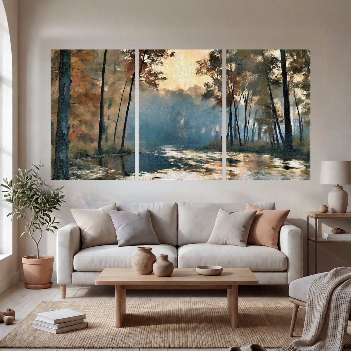 Misty autumn forest painting set of 3 poster prints in a bright living room
