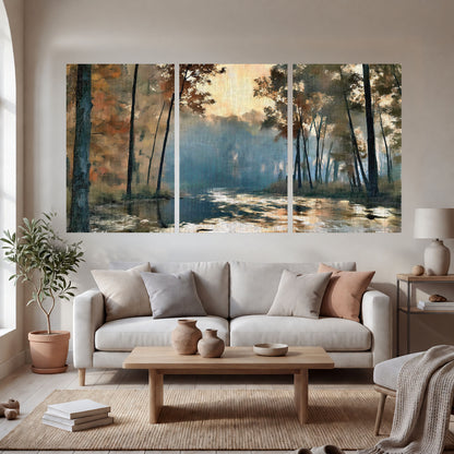 Misty autumn forest painting set of 3 poster prints in a bright living room