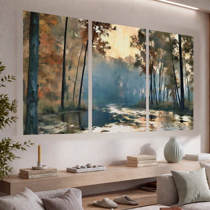 Misty autumn forest painting set of 3 poster prints in a living room above a console