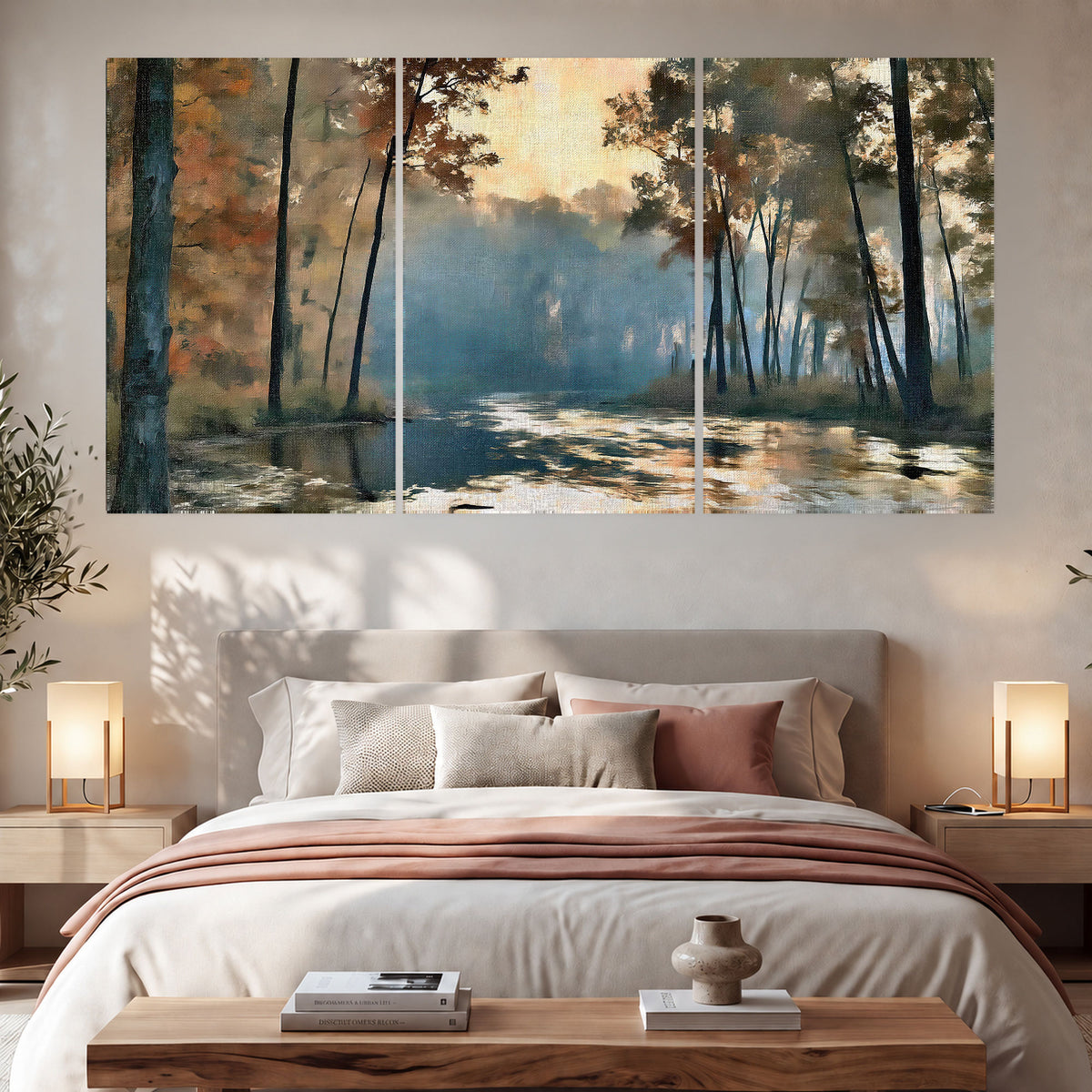 Misty autumn forest painting set of 3 poster prints in a bedroom above the bed