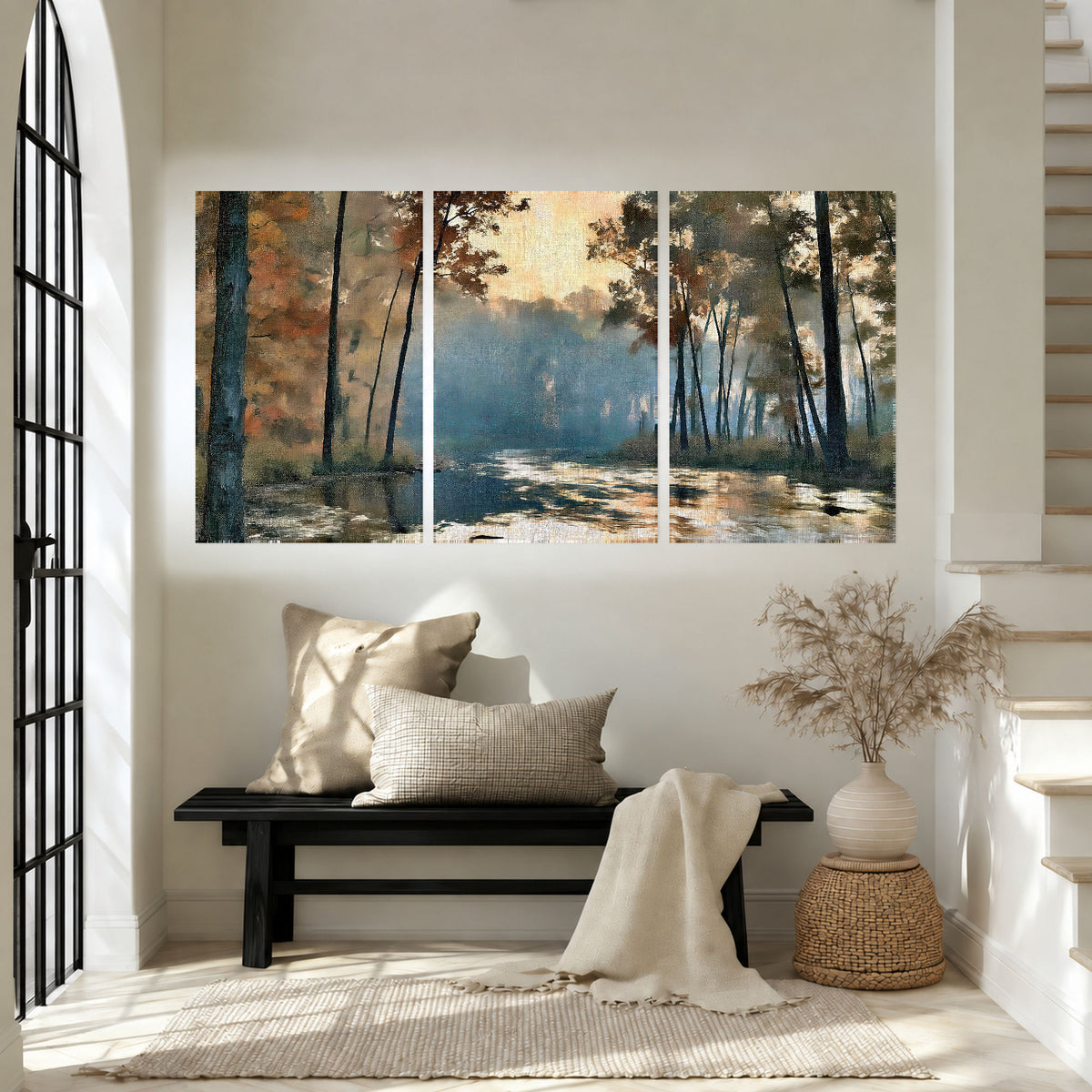 Misty autumn forest painting set of 3 poster prints in an entryway above a bench