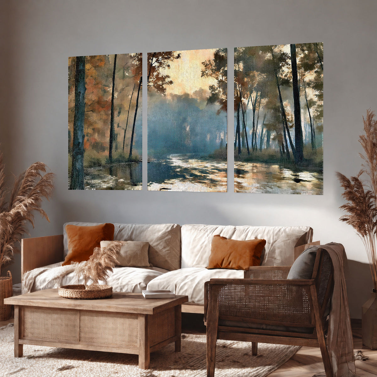 Misty autumn forest painting set of 3 poster prints in a rustic living room