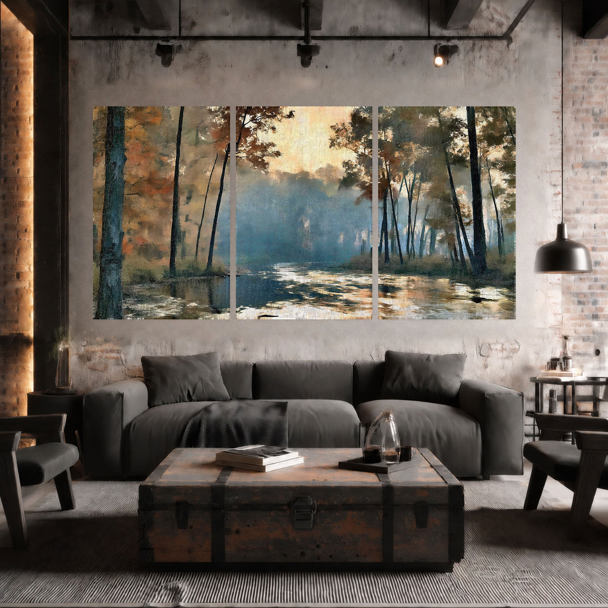 Misty autumn forest painting set of 3 poster prints in an industrial loft