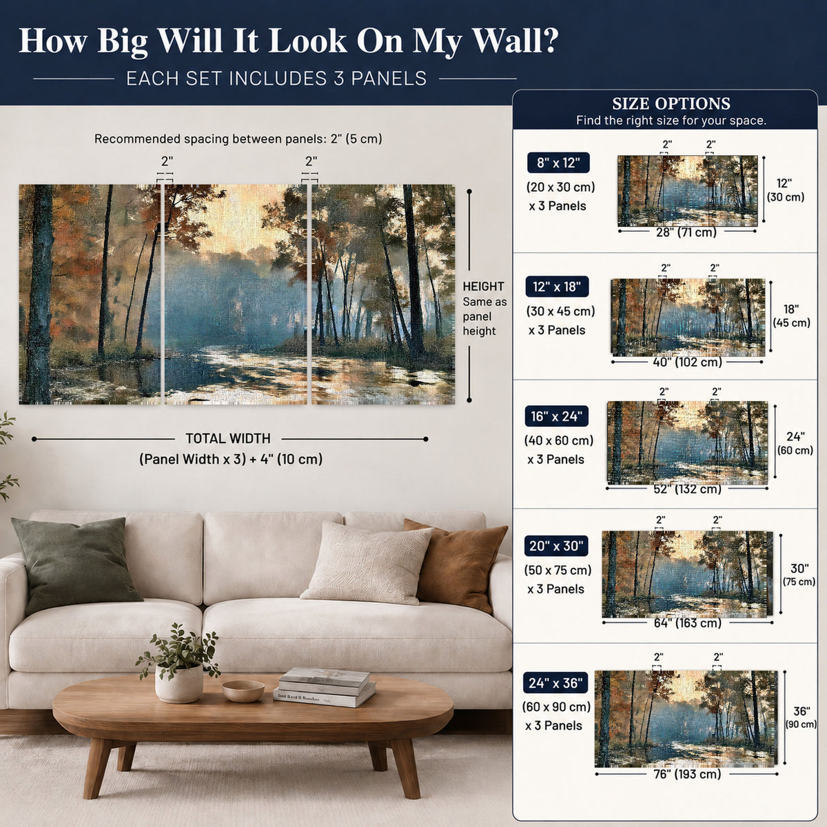 Misty autumn forest painting set of 3 poster prints size guide above a sofa