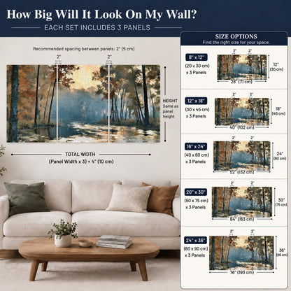 Misty autumn forest painting set of 3 poster prints size guide above a sofa