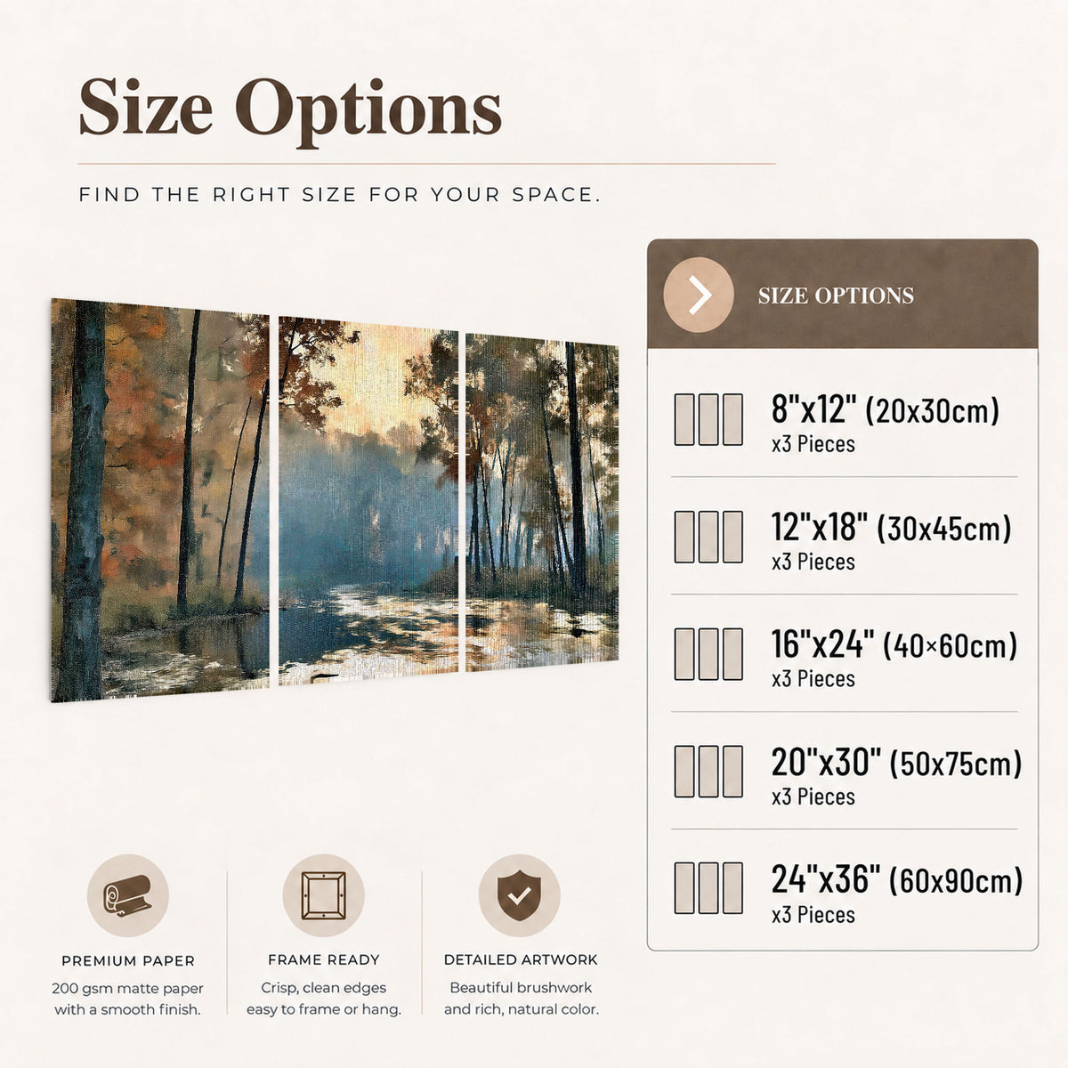 Misty autumn forest painting set of 3 poster prints size options