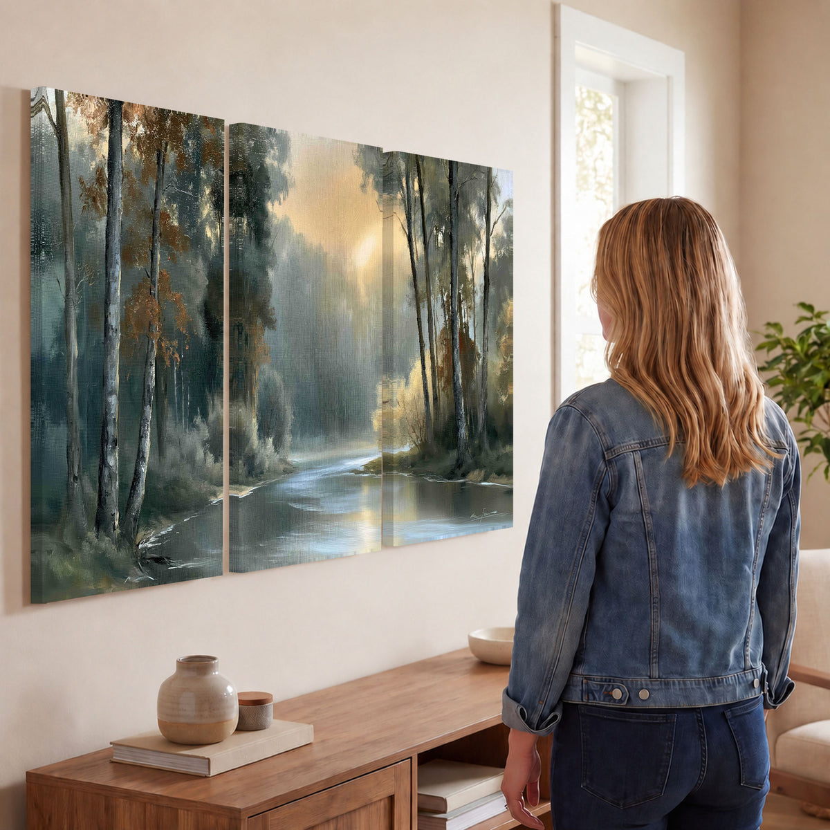 Misty river forest painting 3 piece canvas wall art in a living room
