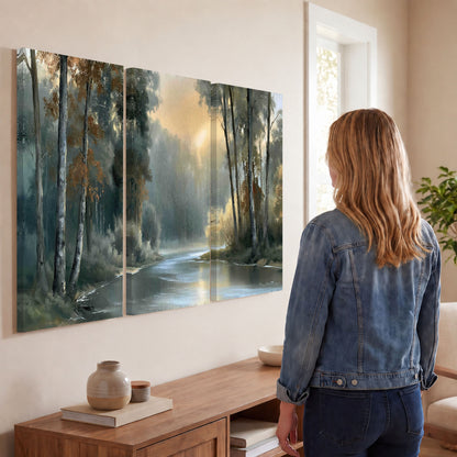 Misty river forest painting 3 piece canvas wall art in a living room