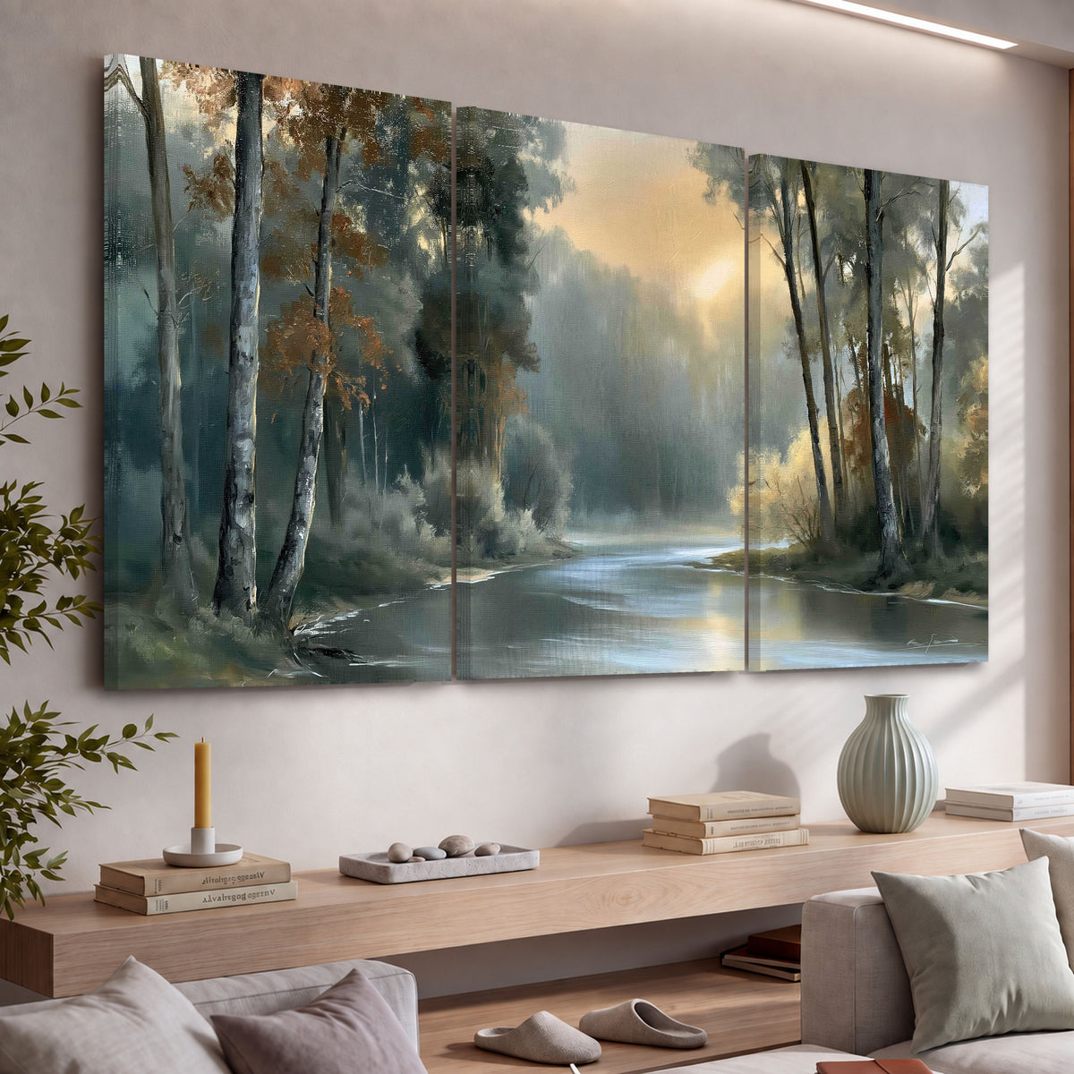 Misty river forest painting 3 piece canvas wall art in a living room above a console