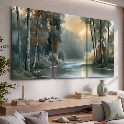 Misty river forest painting 3 piece canvas wall art in a living room above a console